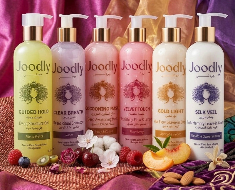 Set of Joodly hair care products on a decorative background with flowers and fruits.